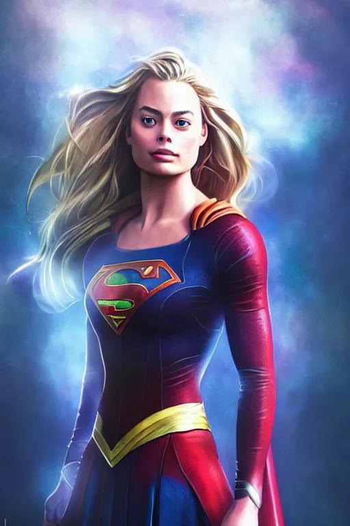 Image similar to majestic and anime key visual margot robbie female supergirl, dc universe, perfect face, beautiful, intricate, epic, elegant, fantasy, highly detailed, digital painting, hard focus, beautiful volumetric lighting, epic light, ultra detailed, by leesha hannigan, ross tran, thierry doizon, kai carpenter, ignacio fernandez rios