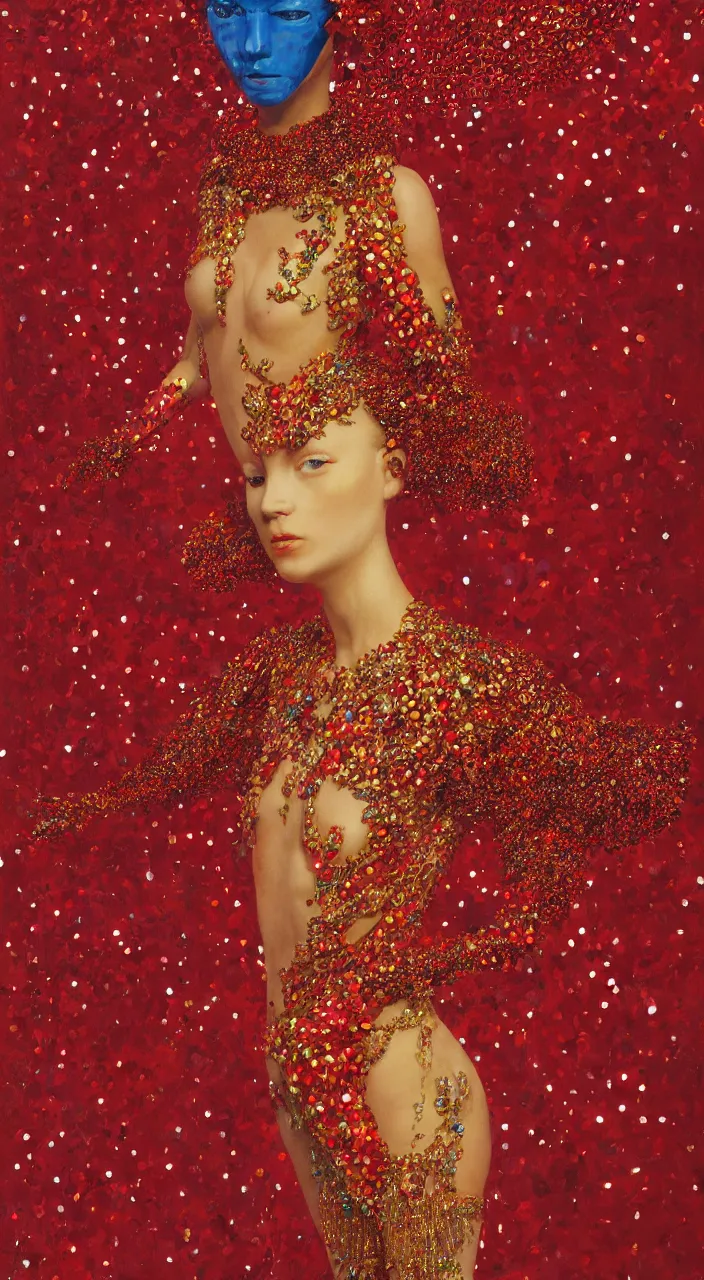 Image similar to a full - body female character design wearing a red sequined bodysuit, beads hanging over her face like an alexander mcqueen headdress, costume by eiko ishioka, haute couture by moebius, steven outram, colorful and psychedelic, hd, 8 k, artstation, high quality