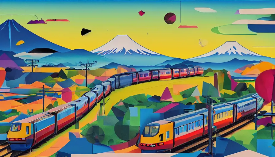 Image similar to award winning graphic design poster, cutouts constructing an contemporary art depicting a lone mount fuji and hills, rural splendor, and bullet train, isolated on white, and bountiful crafts, local foods, edgy and eccentric abstract cubist realism, mixed media painting by Leslie David and Lisa Frank for juxtapose magazine