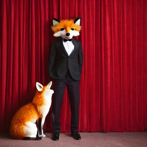 Prompt: realistic ballroom photo of an anthropomorphic fox in a dark red tuxedo