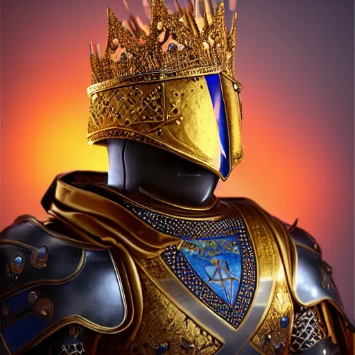 Image similar to a highly detailed knight in a T golden helmet and a golden crown with a blue diamond in the center, golden armor, leather clothes under the armor, leather gloves, holds a black sword, artstation, DeviantArt, professional, octane render, sunset lighting