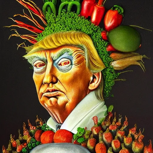 Image similar to highly detailed painting of donald trump made of vegetables, by giuseppe arcimboldo