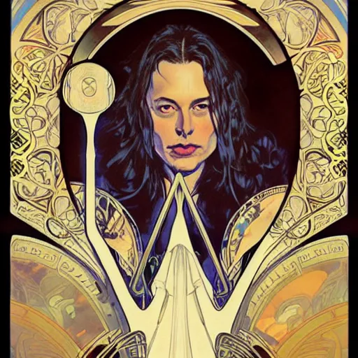 Prompt: Elon Musk by Alphonse Mucha, Ayami Kojima, Amano, Charlie Bowater, Karol Bak, Greg Hildebrandt, Jean Delville, and Mark Brooks, Art Nouveau, Pre-Raphaelite, Neo-Gothic, gothic, Art Nouveau, rich deep moody colors
