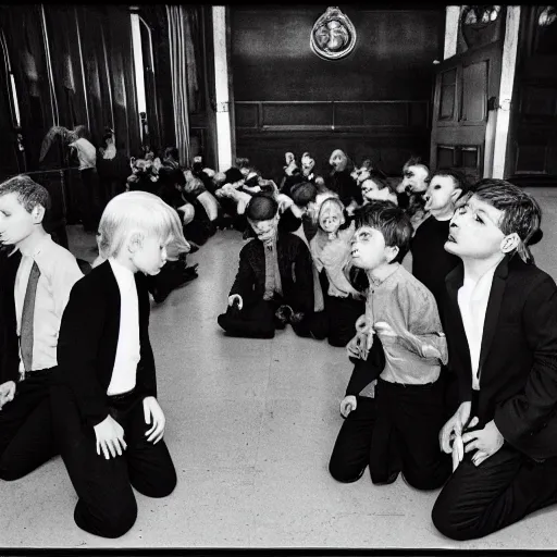 Prompt: a medium shot photograph of a blonde boy sitting in the Golden ratio position of the photo, wearing causal black suits, in the middle of a hall which fills with mafia men, looking at the adult men kneeling before him kissing his hand, the 2000s, Italy, solemn, pale