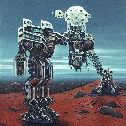 Prompt: religiously significant mecha, divine texts creating mechanical exoskeleton wearing hardsurface armour, apotheosis mobile suit, by karel thole, laurie lipton, pascal blanche and simon stalenhag