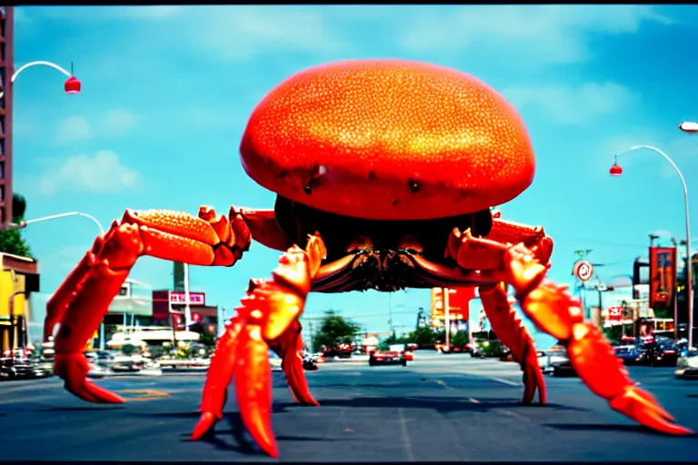 Image similar to 2 0 1 5 cute giant crab terrorizing a city, googie city, americana, fishcore, hd 8 k, photography cinestill