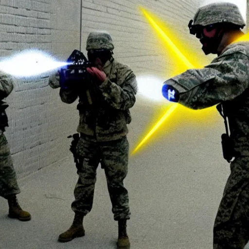 Image similar to U.S. military men in a battle using holographic warrrfare and electronic psychotronic laser devices