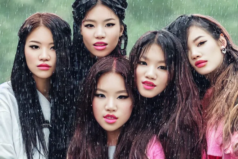 Image similar to a portrait of 4 blackpink singers posing in the rain