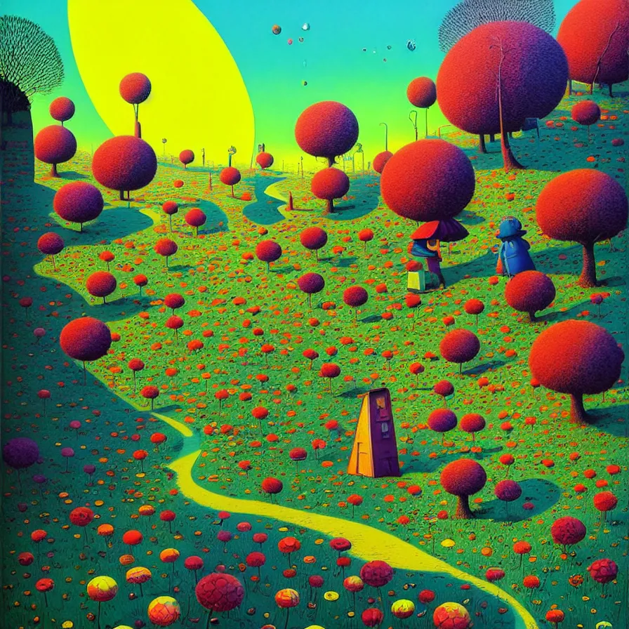 Prompt: surreal glimpse into other universe, jalan - jalan, summer morning, very coherent and colorful high contrast, art by!!!! gediminas pranckevicius!!!!, geof darrow, floralpunk screen printing woodblock, dark shadows, hard lighting, stipple brush technique,