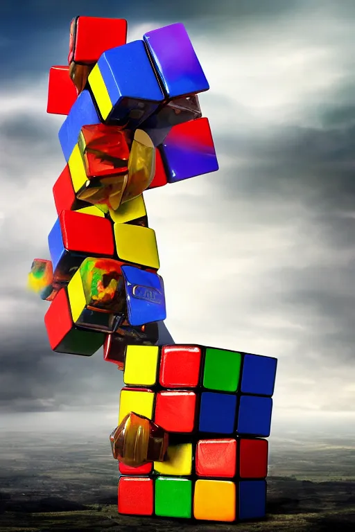 Prompt: an elaborate surreal tower of Rubik's cubes rising into the clouds, concept art, 4k