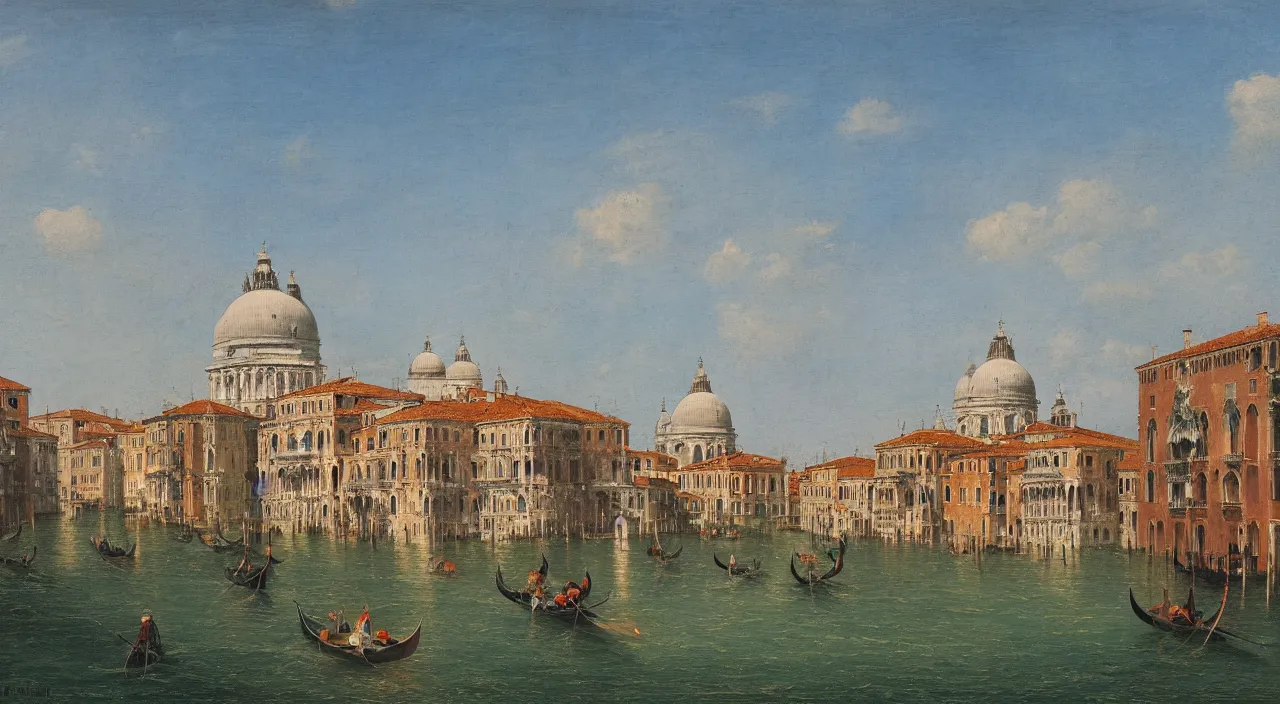 Prompt: a serene landscape of venice, green river, on the bank is the domed church, by joan marti aragones