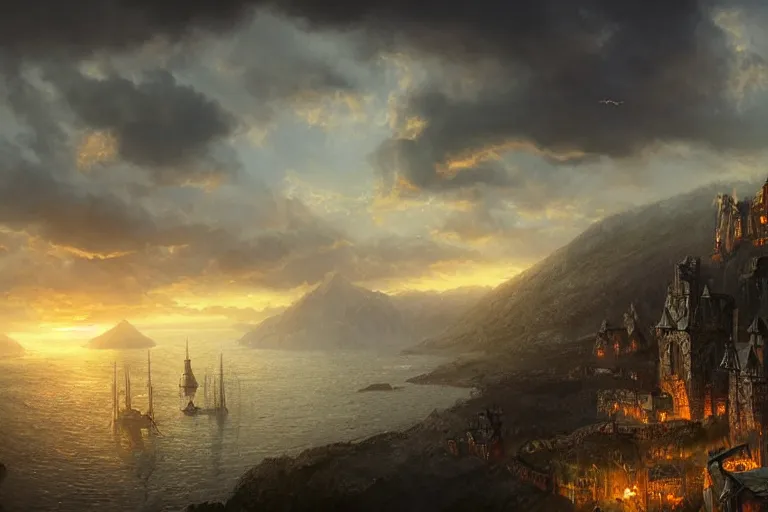 Prompt: high aerial shot, fantasy landscape, sunset lighting ominous shadows, cinematic fantasy painting, dungeons and dragons, a charming port town surrounded by gentle hills, harbor, bay by jessica rossier and brian froud