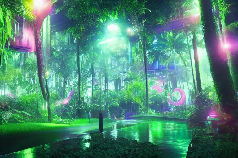 Image similar to neon rainforest, detailed render, hyperrealistic, cgsociety, artstation, 4k