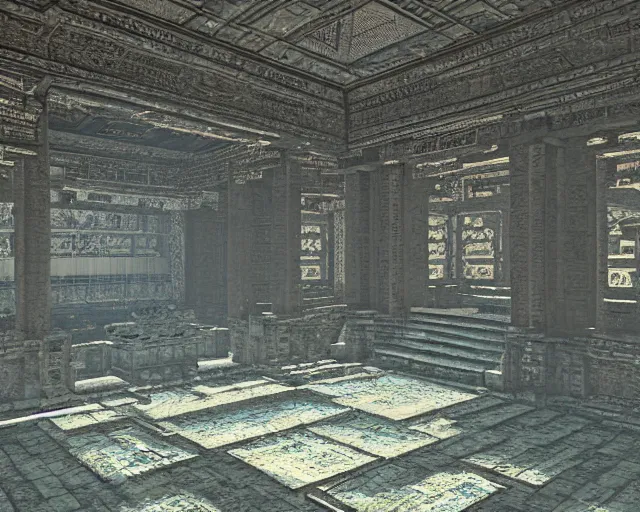 Image similar to interior of a long forgotten asian temple, pixel art, brutalism, art by dan mumford, volumetric lighting, 8 k