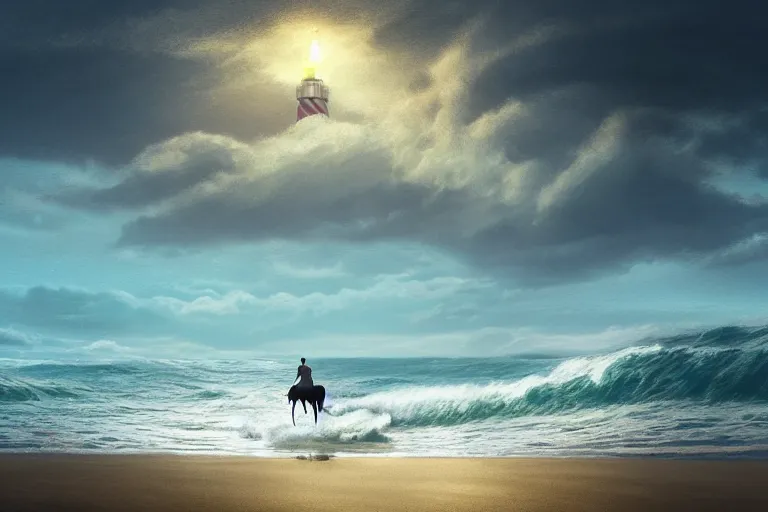 Image similar to photo of man riding a horse along the beach, glowing underwater waves toward a lighthouse in the distance guiding his way, silhouette, wide horizon, large white clouds, seagulls, night, intricate, elegant, highly detailed, digital painting, artstation, concept art, smooth, sharp focus, illustration, art by artgerm and greg rutkowski and fra angelico