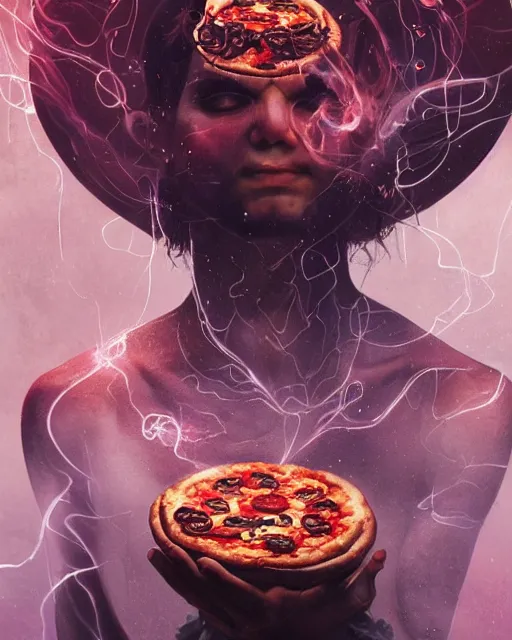 Image similar to detailed photo of meditating pizza monk, beautiful, 8 k, by tristan eaton, stanley artgermm, tom bagshaw, greg rutkowski, carne griffiths, trending on deviantart, hyper detailed, glorious lighting, epic environment