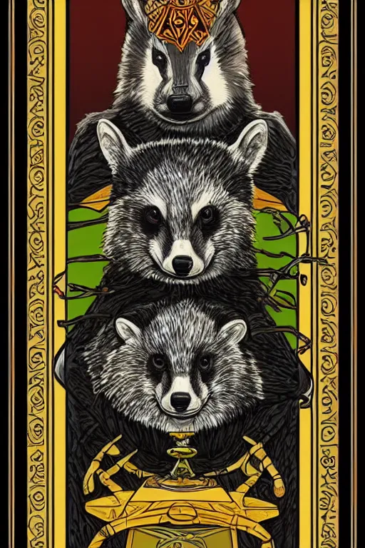 Prompt: tarot card illustration of the card the badger hierophant, framed in an elaborate rectangular border, tarot card, detailed illustration, badgers, furry art, artstation, 4 k
