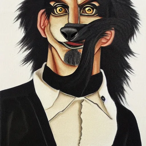 Image similar to male anthro black fox furry fursona with a black mullet in a spanish style tuxedo, 1 9 7 0 s, canvas painted by famous artist jylon denja