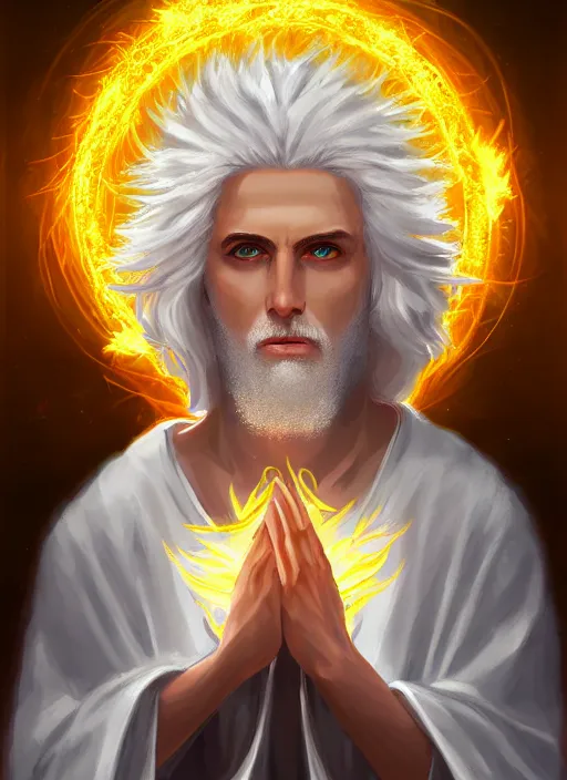 Image similar to « portrait of the white - haired jesus in a white robe and flaming yellow eyes, holding seven stars in right hand, high - contrast, intricate, elegant, highly detailed, digital painting, artstation, concept art, smooth, illustration »