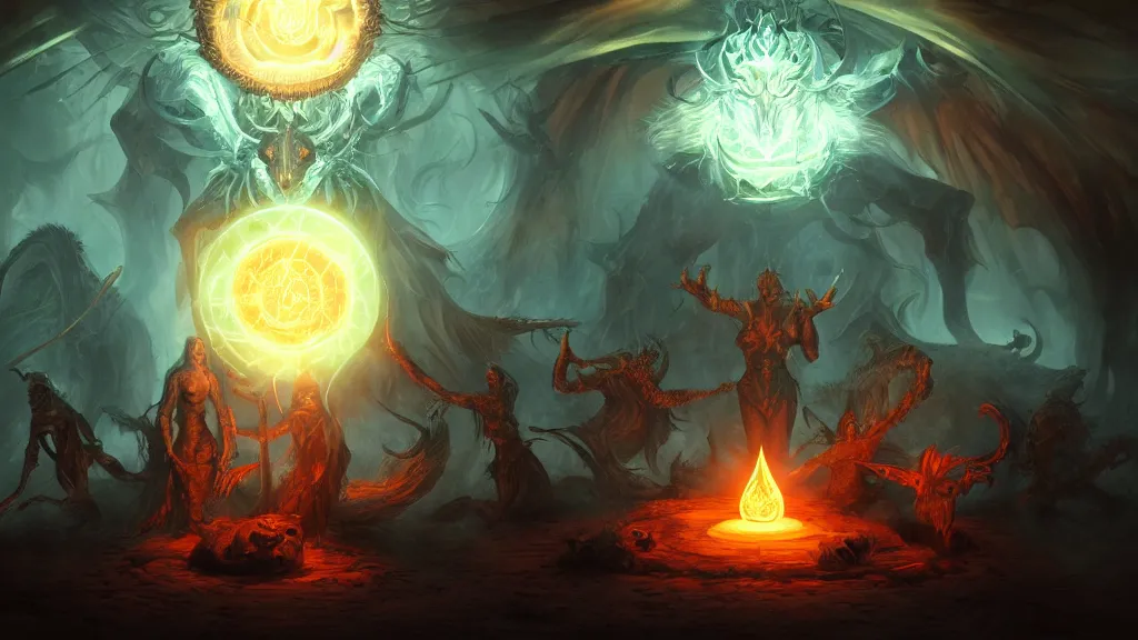 Prompt: mages in circle summoning an evil beast. lighting, flux, demons, octopodes. fantasy, digital painting, hd, highly detailed.