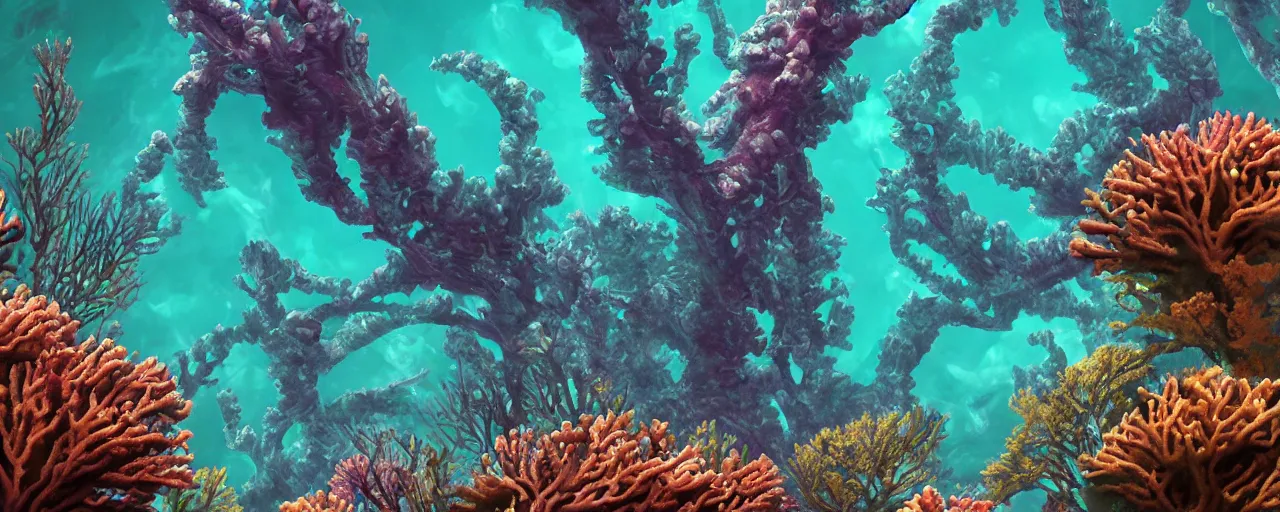 Prompt: alien underwater coral reef, lush alien underwater pillars, Christian Cline, Alex Ries, digital art