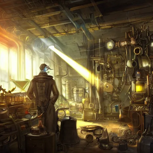 Image similar to a steampunk artificer in his workshop, light rays, scifi