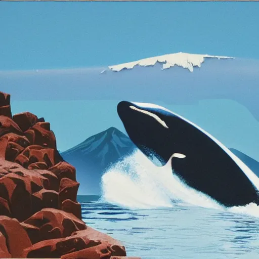 Image similar to a Killer Whale erupts from a turbulent ocean, in the background we see mountains and blue skies, by Chesley Bonestell, as featured on artstation, 3D