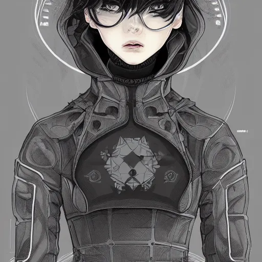 Image similar to techwear occultist, chaos magick, leviathan cross, androgynous, beautiful, detailed symmetrical close up portrait, intricate complexity, in the style of artgerm and ilya kuvshinov, cel shaded