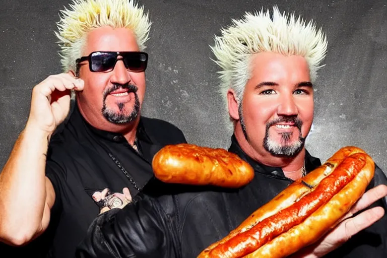 Image similar to beautifully composed photograph of Guy Fieri holding a huge weiner