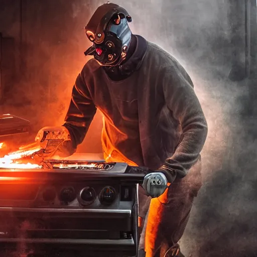 Image similar to cyborg with toaster oven for torso, dark messy smoke - filled cluttered workshop, dark, dramatic lighting, orange tint, sparks, cinematic, highly detailed, sci - fi, futuristic, movie still