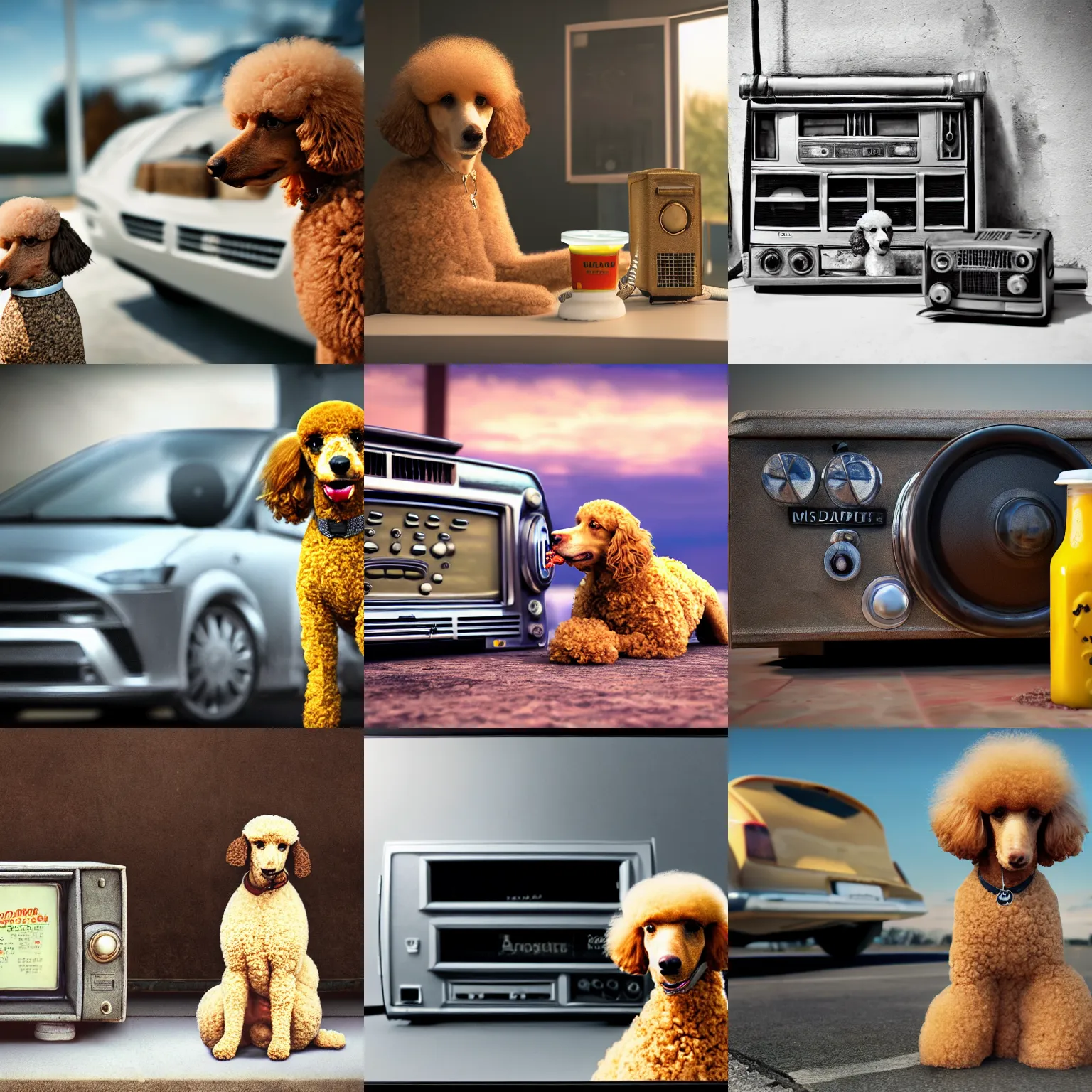 Prompt: a closeup photorealistic photograph of a poodle eating from a jar of mustard sitting by an old radio. prius is in the background. professional capture. brightly lit scene. this 4 k hd image is trending on artstation, featured on behance, well - rendered, extra crisp, features intricate detail, epic composition and the style of unreal engine.