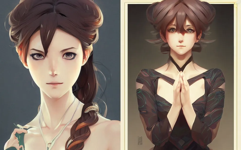 Prompt: anime portrait, intricate, elegant, geometric dress, digital painting, artstation, concept art, art by artgerm and greg rutkowski and alphonse mucha, style of makoto shinkai