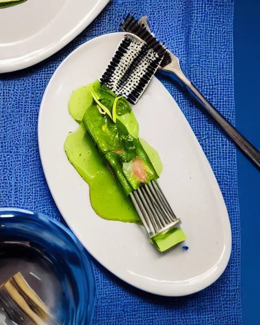 Image similar to elegant and fancy food photography of dish consisting of a toast with spreaded blue toothpaste and a toothbrush in a michelin star restaurant,