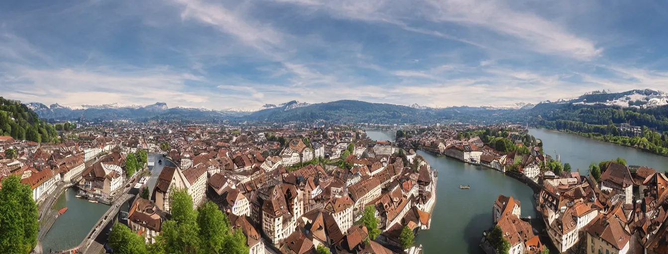 Image similar to Photo of Zurich, looking down the Limmat at the lake and the alps, Hardturm, Grossmünster, Lindenhof, Üetliberg, wide angle, volumetric light, hyperdetailed, light blue water, artstation, cgsociety, 8k