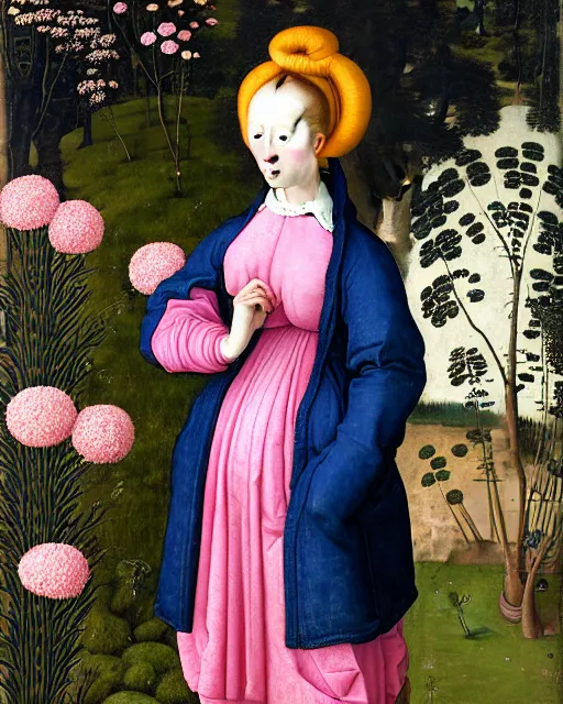 Prompt: portrait of a woman with pink hair buns, wearing a blue puffer jacket and baggy jeans, standing in a garden full of plants and flowers, white background, intricate details, high detail, in the style of rogier van der weyden and jacopo da pontormo, punk, asian art,