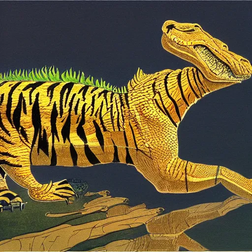 Prompt: a hybrid animal half crocodile and half tiger painting by moebius