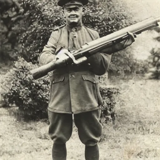 Prompt: old wartime photograph of shaggy holding a lewis gun, 1 9 1 7