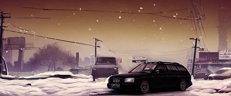 Image similar to Audi A4 B6 Avant (2002), a gritty neo-noir, dramatic lighting, cinematic, eerie person silhouette, death, homicide, homicide in the snow, gunshots, establishing shot, extremely high detail, photorealistic, cinematic lighting, artstation, by simon stalenhag, Max Payne (PC) (2001) winter new york at night, Max Payne 2 graphic novel style, flashing lights, Poets of the Fall - Late Goodbye