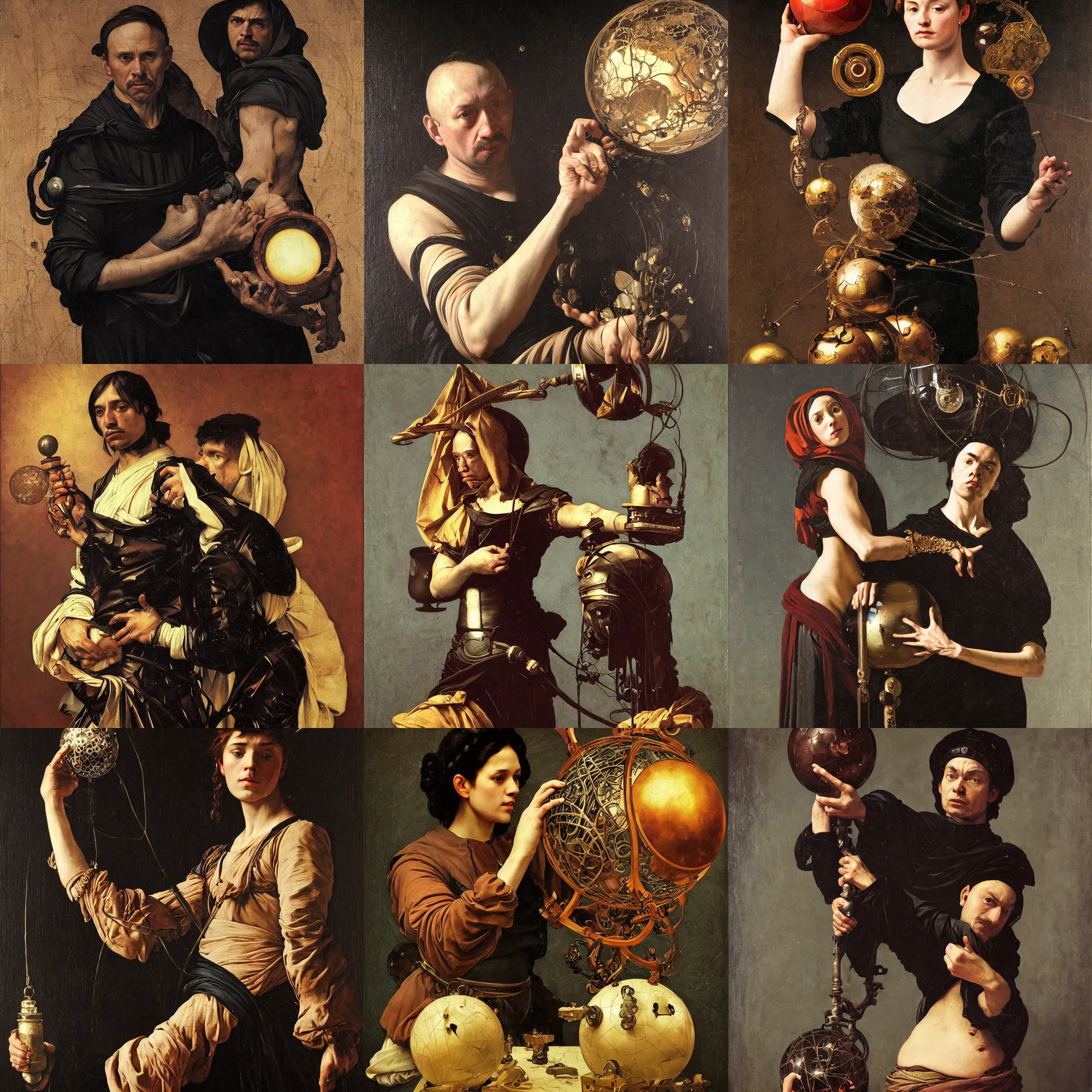 Prompt: portrait of a person, with a iron sphere in hands, full-length, oil painting in a renaissance style , very detailed, deep black background, painted by Caravaggio, Greg rutkowski, Sachin Teng, Thomas Kindkade, Alphonse Mucha, Norman Rockwell, Tom Bagshaw.