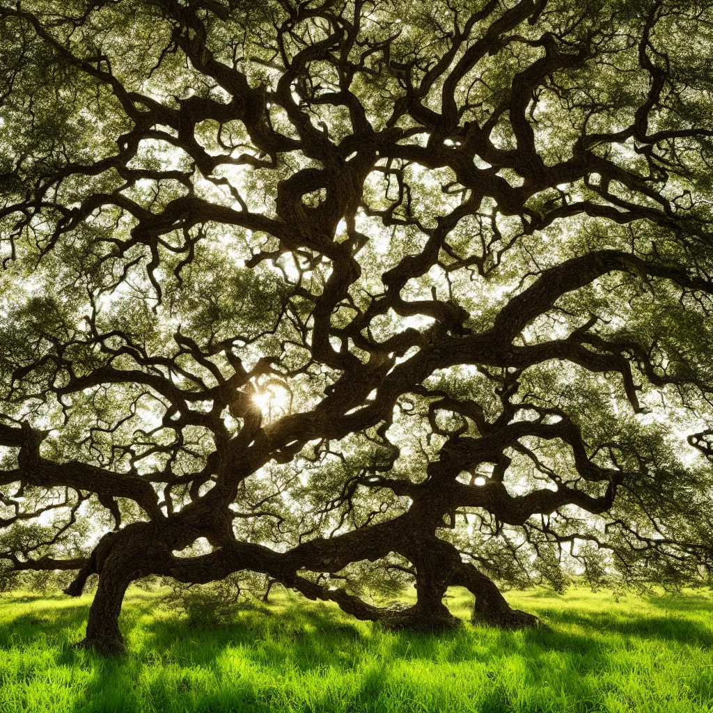 Image similar to old oak in four seasons of the year, the tree is growing on a meadow, cinematic lighting, photo realistic image, 4K, super detailed, cinematic look