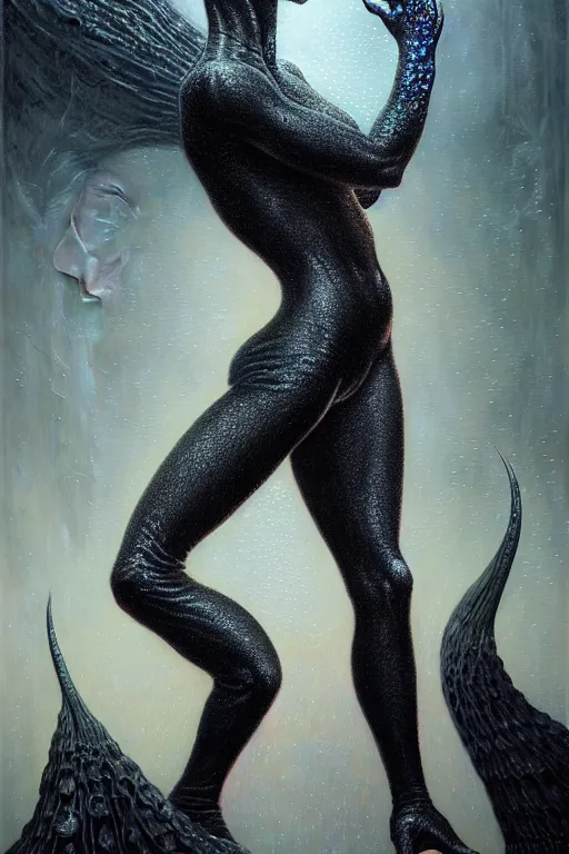 Prompt: pearlescent black lilith! the demon mother of all monsters!!, covered in iridescent glitter!!, raining ash, fine art masterpiece, highly detailed dino valls wayne barlowe machiej kuciara, dramatic lighting, long shot, side angle, uhd 8 k, sharp focus