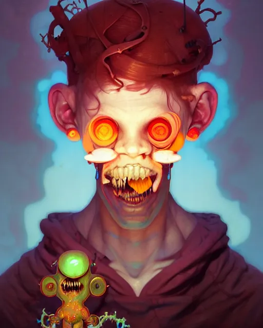 Image similar to portrait of a patchwork boy, bioluminescent, horror, expressive, asymmetrical art, highly detailed, concept art, vivid, colorful, hyperrealism, epic, art by peter mohrbacher and wlop and rhads and artgerm and magali villeneuve and alphonse mucha, artstation, octane render, cgsociety