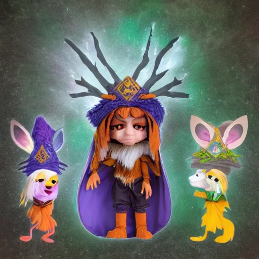 Image similar to dungeons and dragons foxfolk wizard druid as a chibi muppet plush wearing an ethereal star filled mage robe inspired by Aaravos from dragon prince, photorealistic, photography, national geographic, sesame street