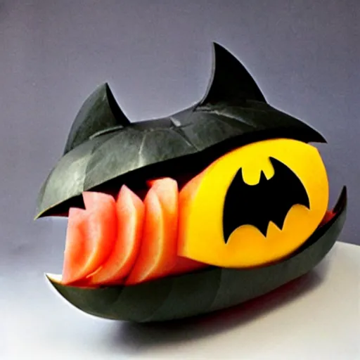 Image similar to batmobile fruit and melon carving