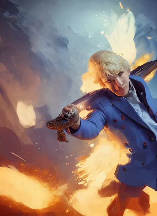 Prompt: a man in a blue suit with blond hair swinging a sword and holding a pistol, fantasy, d & d, heartstone, digital painting, volumetric light, intricate, sharp, focus, bloom, illustration, highly detailed, concept art, matte, ruan jia, randy vargas, greg rutkowski