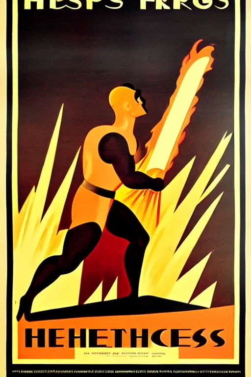 Prompt: art deco poster. hephaestus at the forge