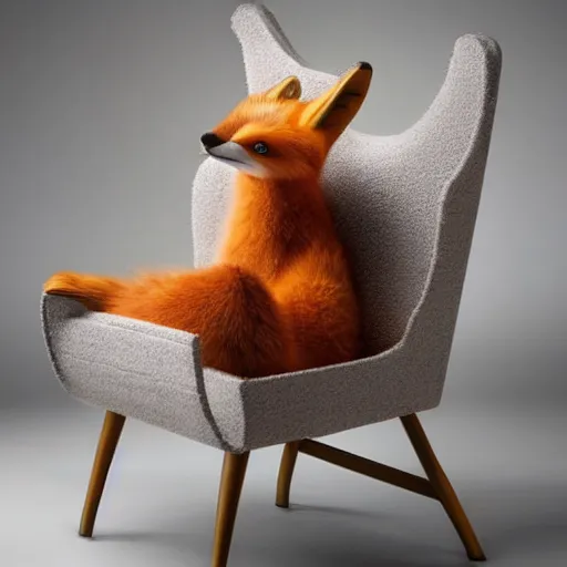 Image similar to a chair designed after a fox, advertising photography