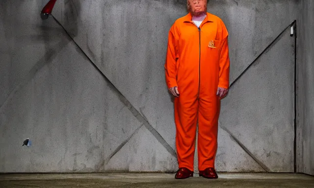 Image similar to full shot of donald trump wearing an orange jump suit, crying in a dirty jail cell in guantanamo, photograph, realistic, dramatic lighting