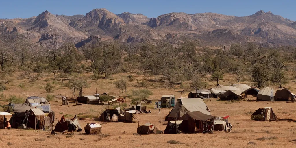 Image similar to a wild west scenery, camps in the background