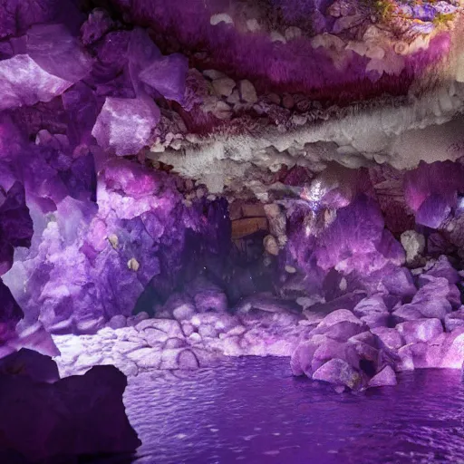 Prompt: inside an amethyst cave with a hot spring, highly detailed, 4k, HDR, award-winning, artstation, octane render